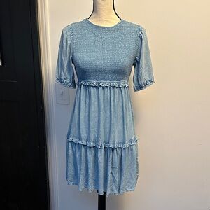 TEAL Chambray Smocked Blue Tiered Puff Sleeve Dress Small